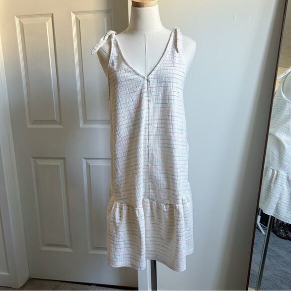 Loft white ivory striped button down ruffle tie sleeves mini dress - Picture 1 of 8